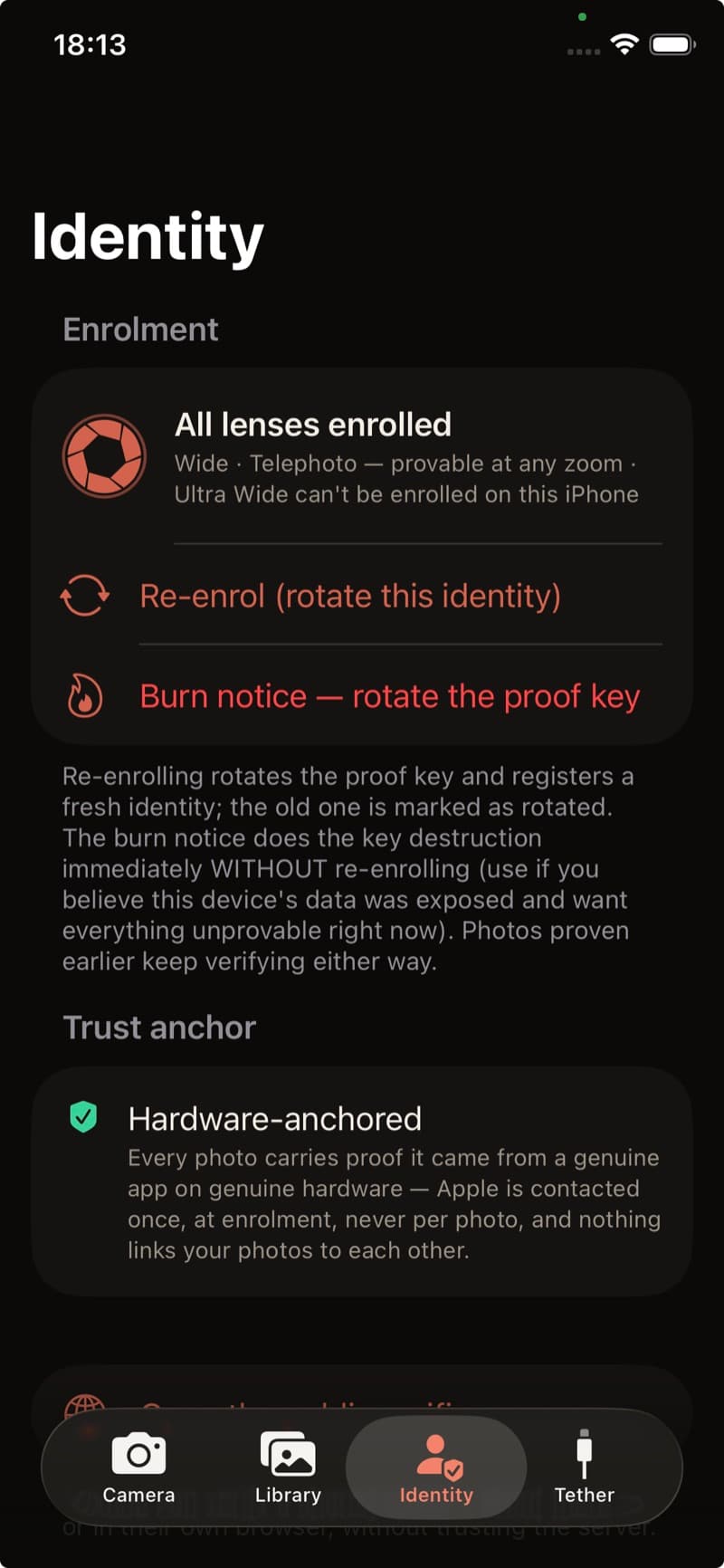 The Identity screen in the Apertrue iPhone app: per-lens enrolment status, Re-enrol to rotate the identity, a Burn notice that destroys the proof key immediately, and the hardware trust anchor